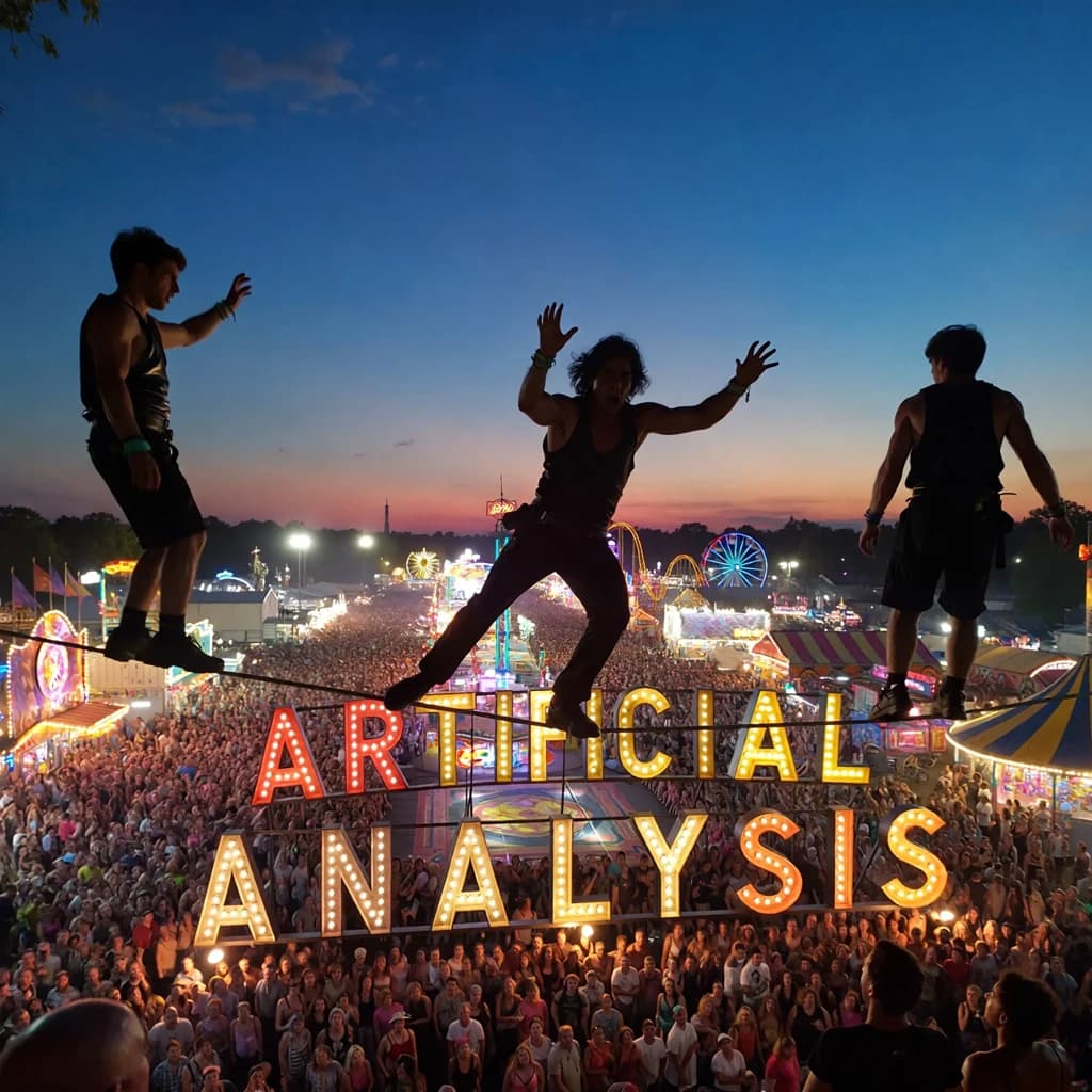 At dusk, high above a carnival crowd, three tightrope walkers balance on a single rope with no aids, one is off balance and grabbing at air. Below, the audience looks upward with baited anticipation. Artificial Analysis is spelled out in the background in carnival lights