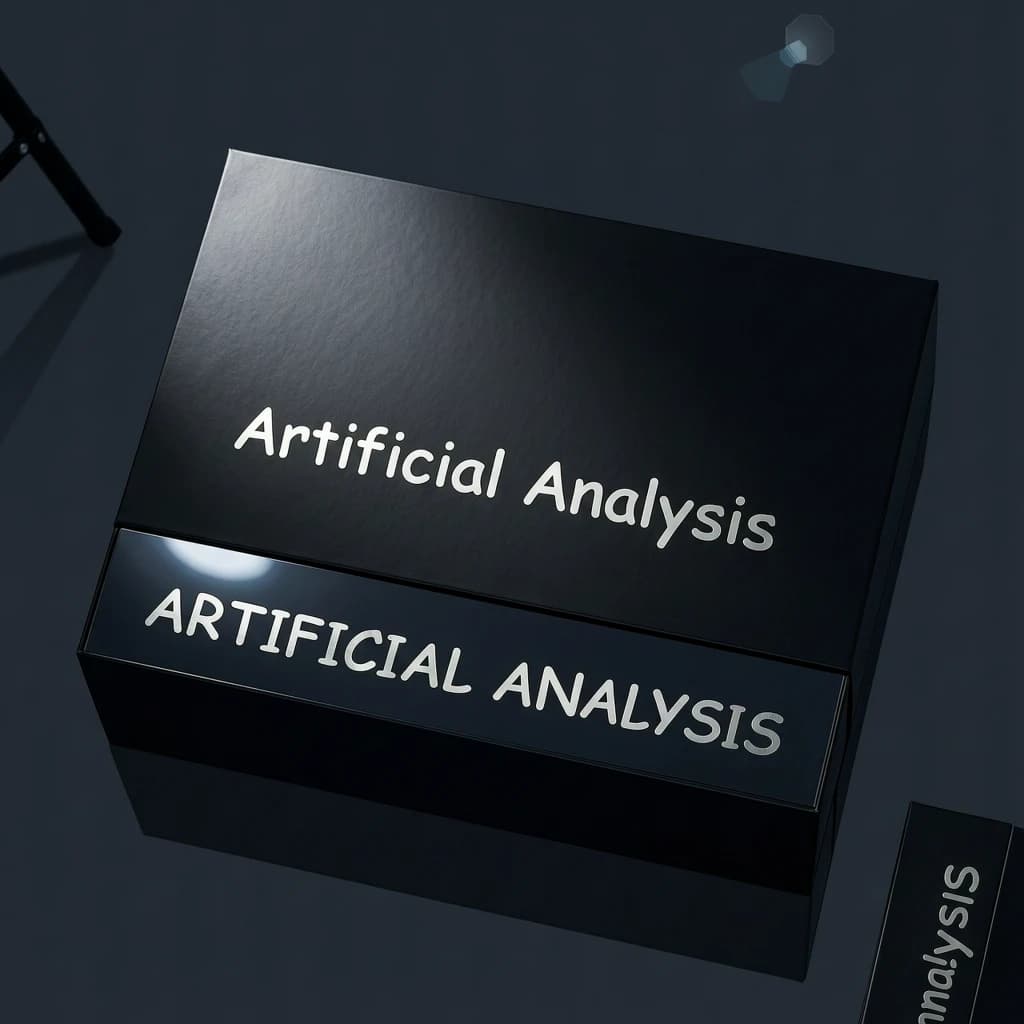 On the black box, silver foil embossing, centered: "Artificial Analysis" in Comic Sans Small Caps, perfectly justified. The letters are crisp, but the “Y” is duplicated faintly, ghosting right. On the box’s reflection, the word order is inverted: ARTIFICIAL ANALYSIS.