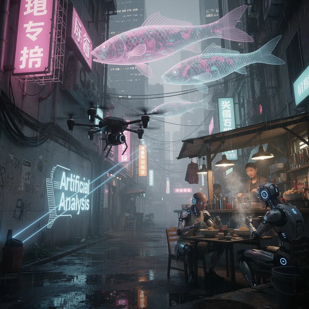 A neon alley in Neo-Tokyo 2142 drips with rain Cybernetic patrons slurp ramen at a stall with their glowing implants humming with blue light. Three giant holographic koi hover 10 metres above the ground and swim across the skyline, one has clipped into a building. A six-prop drone hovers nearby, projecting "Artificial Analysis" onto a wall with blue laser beams visible