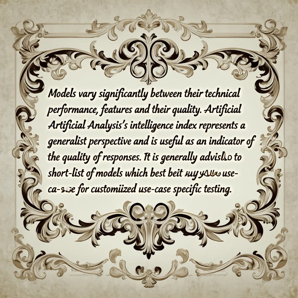 On a flat layout, write in an ornate baroque style "Models vary significantly between their technical performance, features and their quality. Artificial Analysis's intelligence index represents a generalist perspective and is useful as an indicator of the quality of responses. It is generally advisable to develop a short-list of models which best suit your use-case for customized use-case specific testing. "