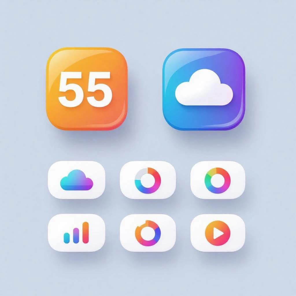 Design a glossy 3D icon set with smooth gradients.