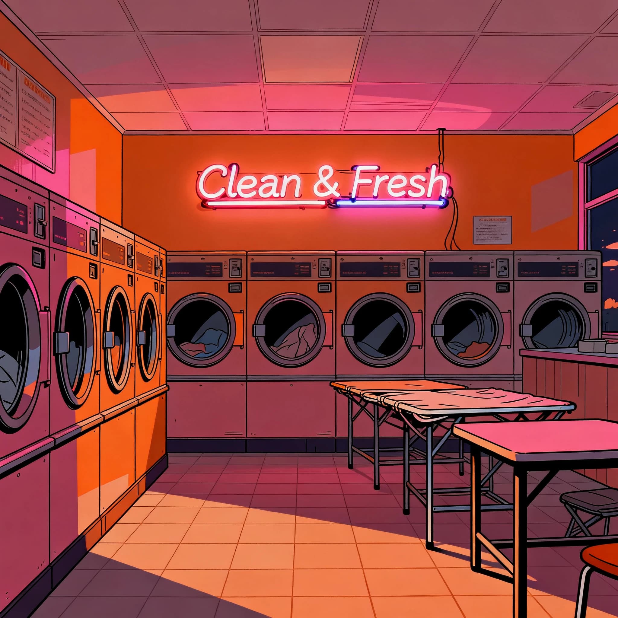 A cozy laundromat at dusk, neon humming, flat colors, bold inked lines.
