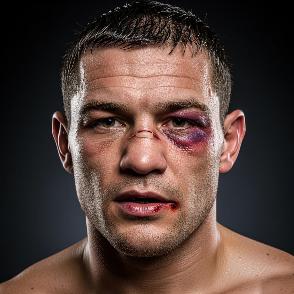 Paint a bruised boxer smiling, serious expression.