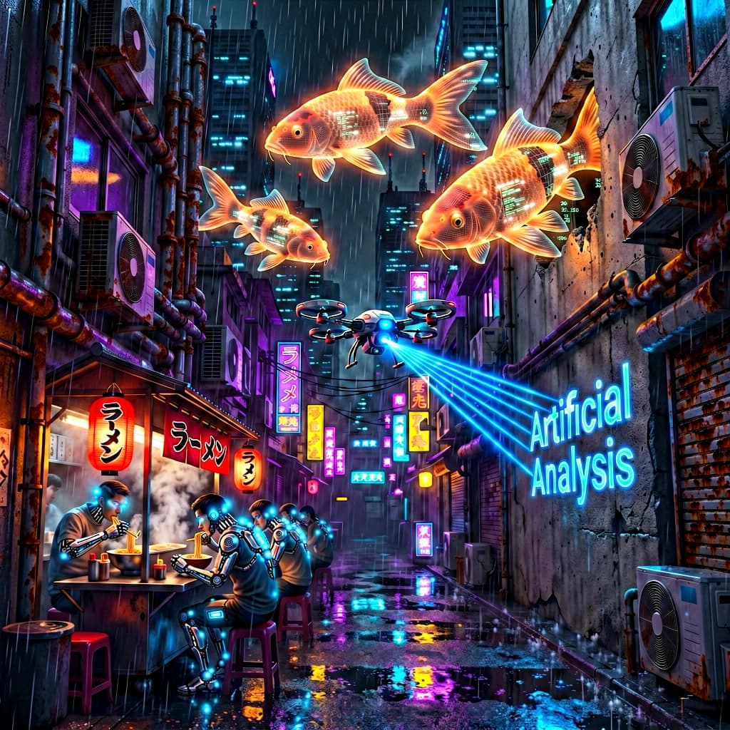 A neon alley in Neo-Tokyo 2142 drips with rain Cybernetic patrons slurp ramen at a stall with their glowing implants humming with blue light. Three giant holographic koi hover 10 metres above the ground and swim across the skyline, one has clipped into a building. A six-prop drone hovers nearby, projecting "Artificial Analysis" onto a wall with blue laser beams visible