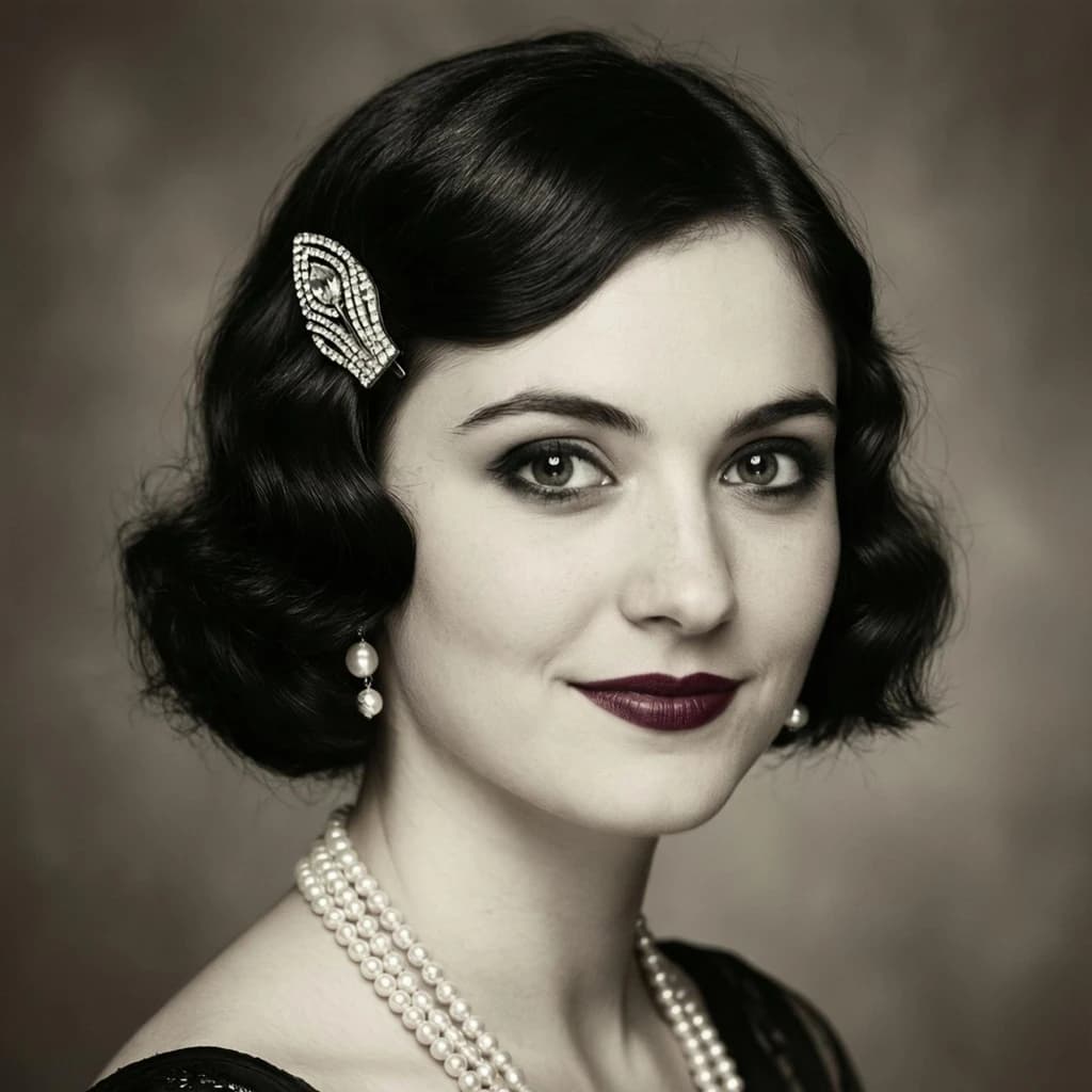 Sepia-toned studio portrait of a flapper with pearl necklace, soft grain.