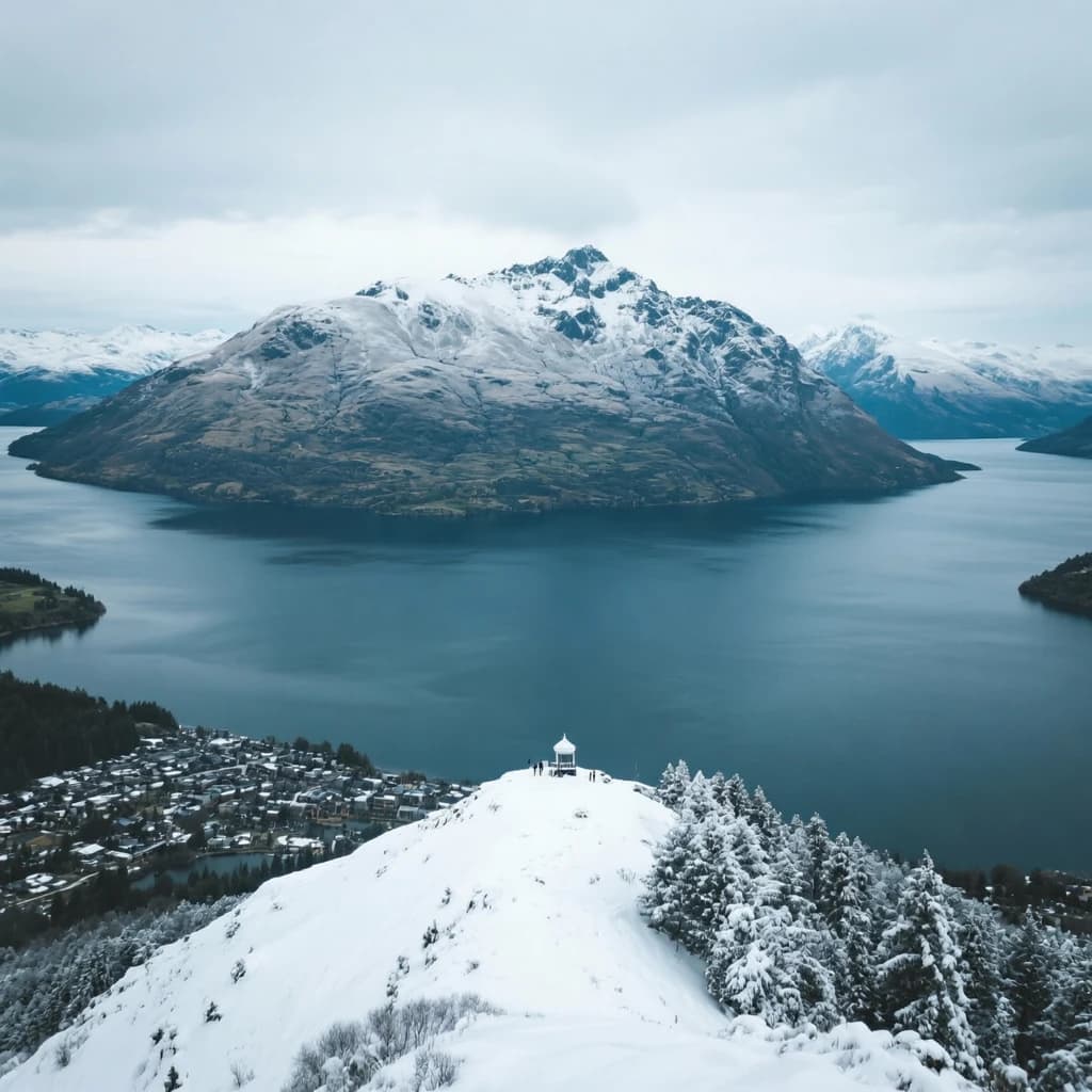 Queenstown's Lake Wakatipu, viewed from the top of Queenstown Hill after a snowstorm just dusted the top of Cecil's Peak