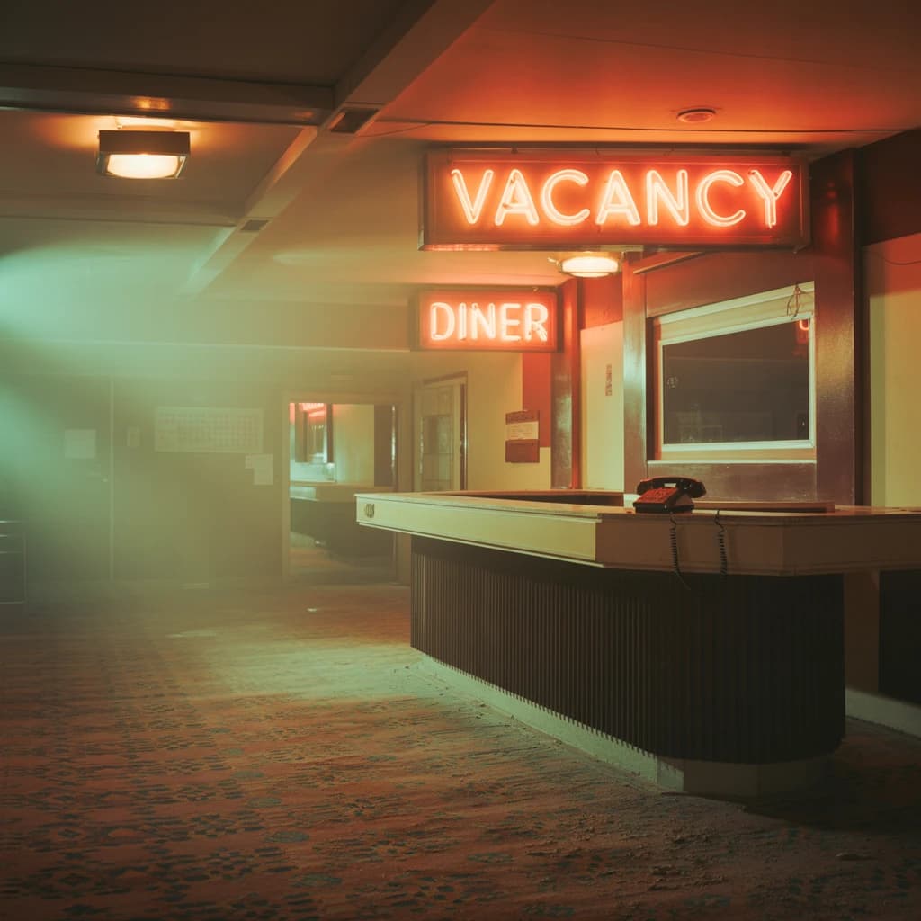 Show a faded 70s motel lobby with humming neon, sticky carpet, film grain.