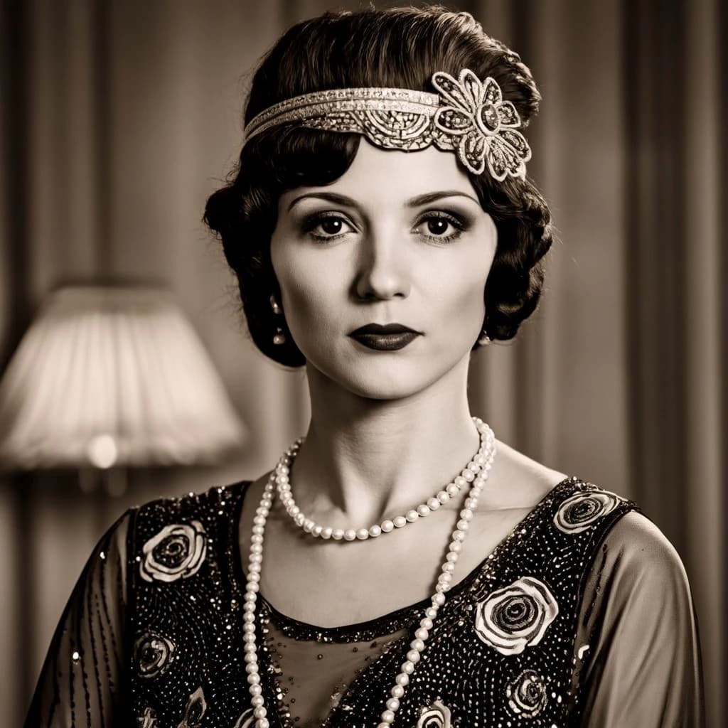 Sepia-toned studio portrait of a flapper with pearl necklace, soft grain.