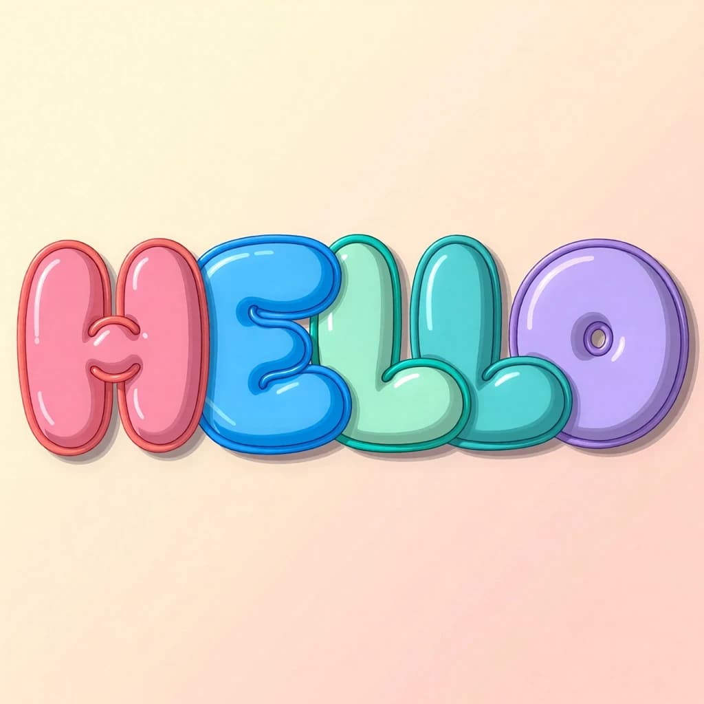 Make a bold bubble-letter poster that says HELLO, pastel palette, thick outline.