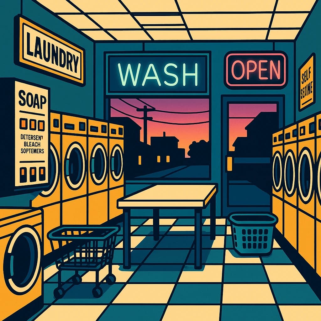 A cozy laundromat at dusk, neon humming, flat colors, bold inked lines.