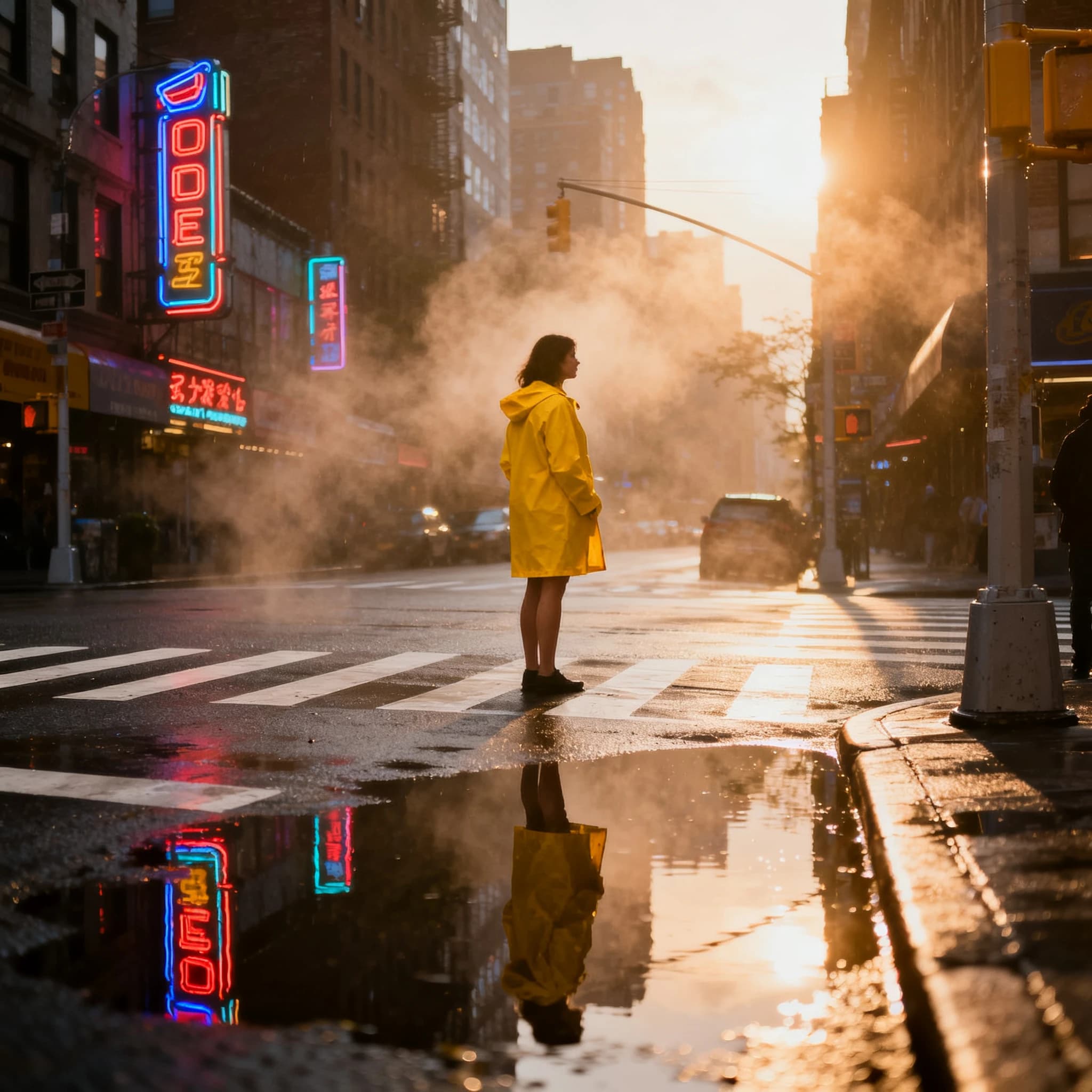 A sunlit city street after rain; puddles mirror neon signs as a woman in a yellow raincoat waits at a crosswalk, soft mist, 50mm look, natural tones, a bit of film grain.