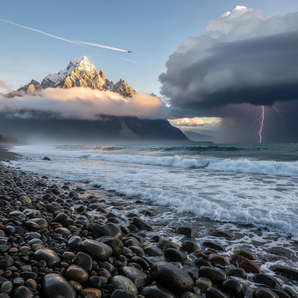 A stunning mountain vista pokes through the cloud top. Contrails from a distant airplane linger in the air. In the foreground there is a stony beach with foamy seas. A thunder storm is visibile in the distant right.