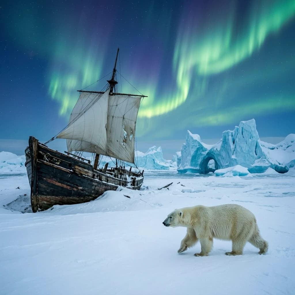 An endless tundra stretches outward, littered with jagged icebergs shaped like cathedral spires. A polar bear trudges across the foreground but leaves no tracks. Auroras ripple overhead. A half-buried shipwreck juts from the snow — sails billowing despite the still air.