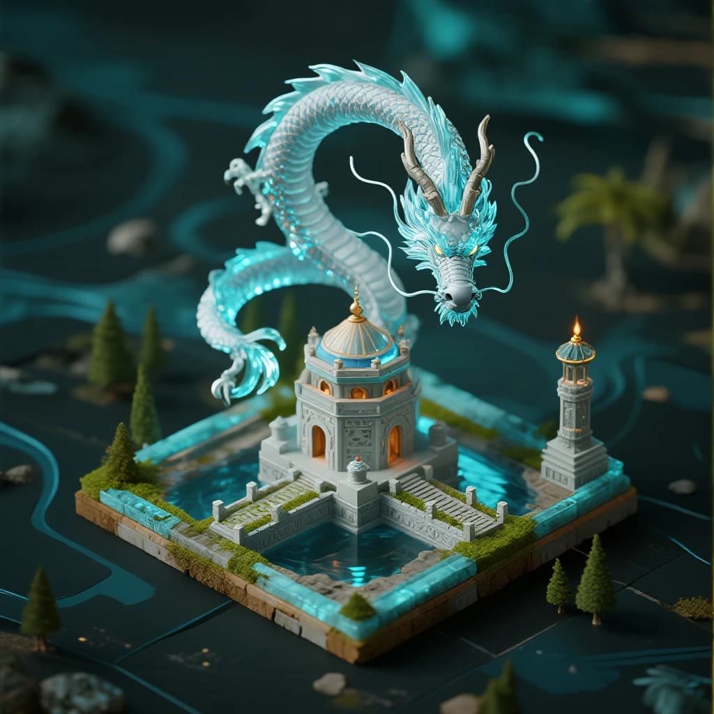 Render an isometric 3D crystal dragon circling a floating tower.