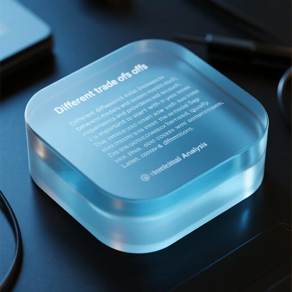 In a clear transparent blue glassy rounded box, etch "Different trade offs exist between different models and providers and as such, it is important to start with how you intend to use the model as the first step. Trade-offs exist currently between model quality, price, output speed, latency, context window & other dimensions. " in sans serif medium weight text. Artificial Analysis is watermarked over the top right 
