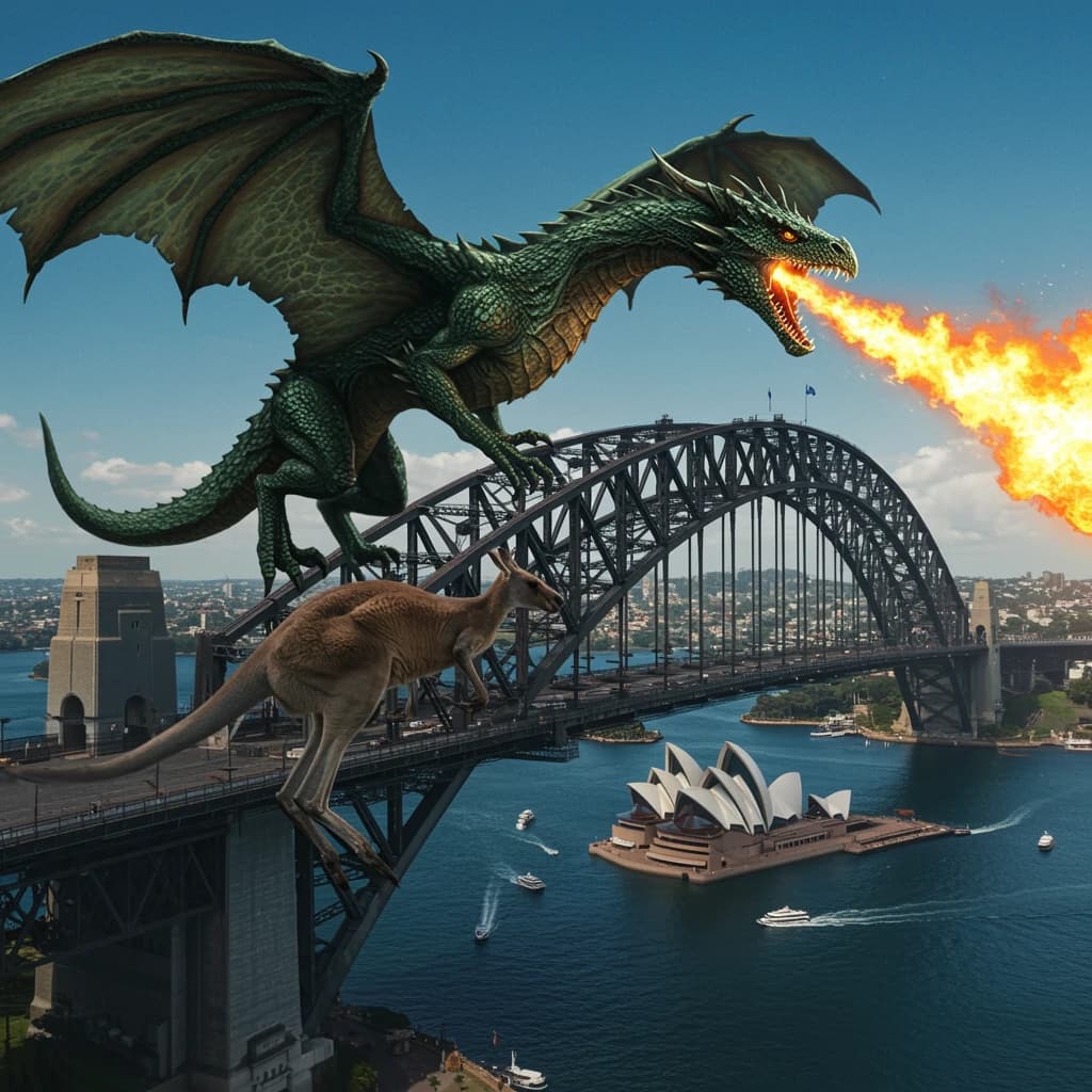 A dragon breathes fire at a kangaroo that is running away by climbing over the top of the Sydney Harbour Bridge. Opera House visible in the background.