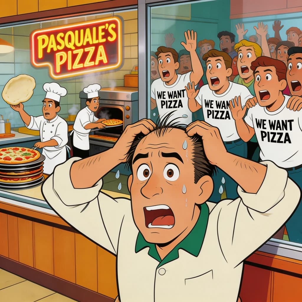 Pasquale is pulling his few remaining hairs out over a disaster at the pizzeria - the cooks are working as fast as they can but the crowds outside are swelling and they demand hot hot pizza! They are banging on the glass and some are wearing "we want pizza" shirts. 1980s western TV animation style.