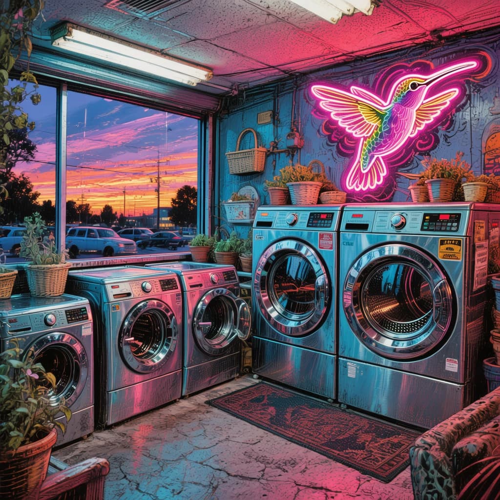 A cozy laundromat at dusk, neon humming, flat colors, bold inked lines.