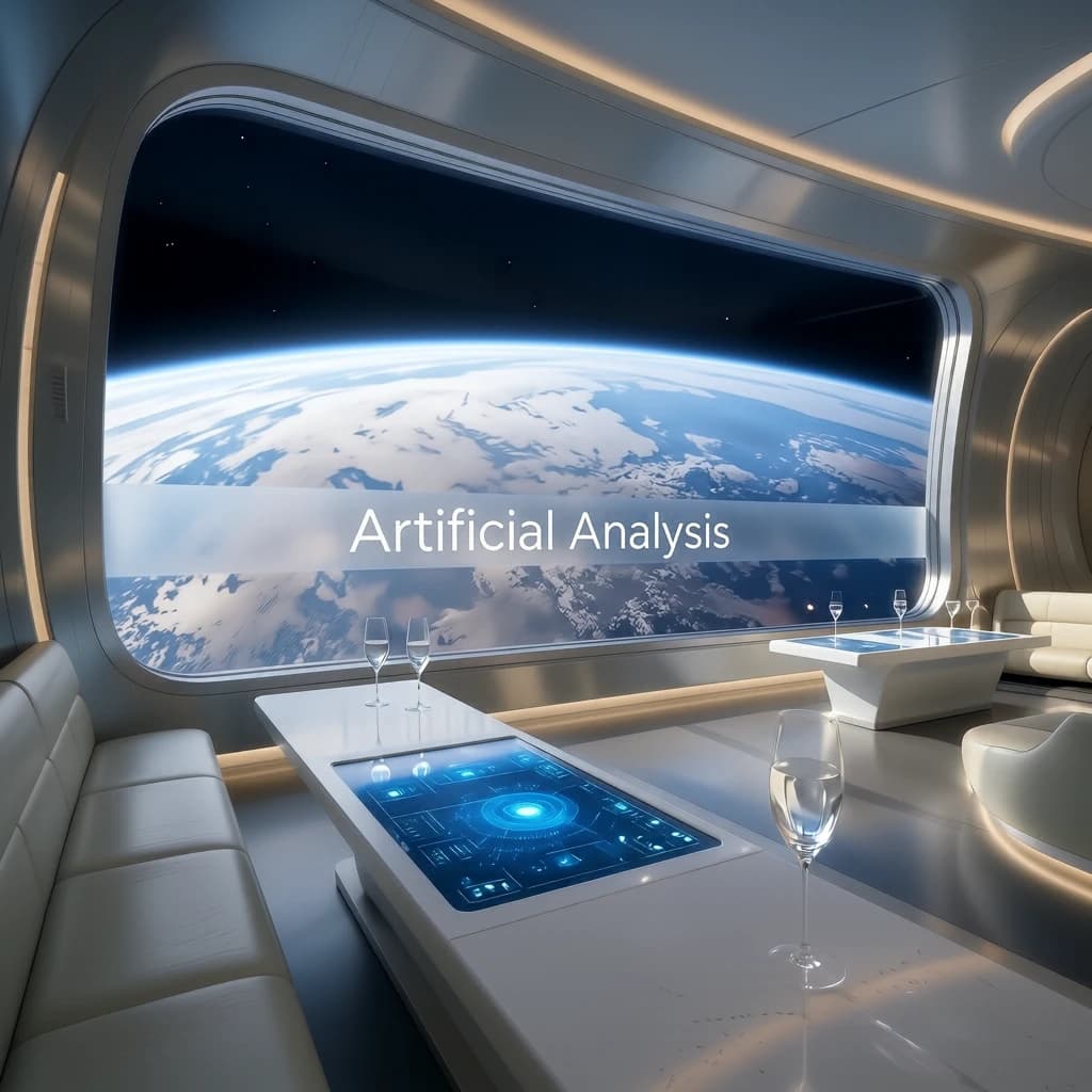 The orbital lounge has brushed aluminum walls and pale leather banquettes. Low white tables are inset with glowing touchscreens. Drinks are clear, flavorless, in tall unmarked glasses. The viewport is floor-to-ceiling, showing Earth moving slowly beneath. The word Artificial Analysis is etched discreetly on the glass in a frosted band.