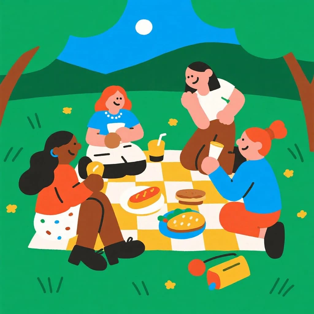 Flat vector picnic scene, friends laughing, oversized food icons, simple shapes.