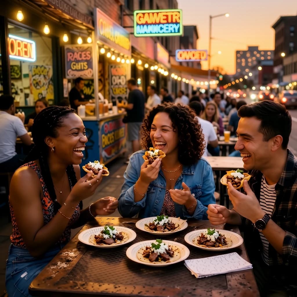 Friends laugh over street tacos at dusk, candid, shallow depth.