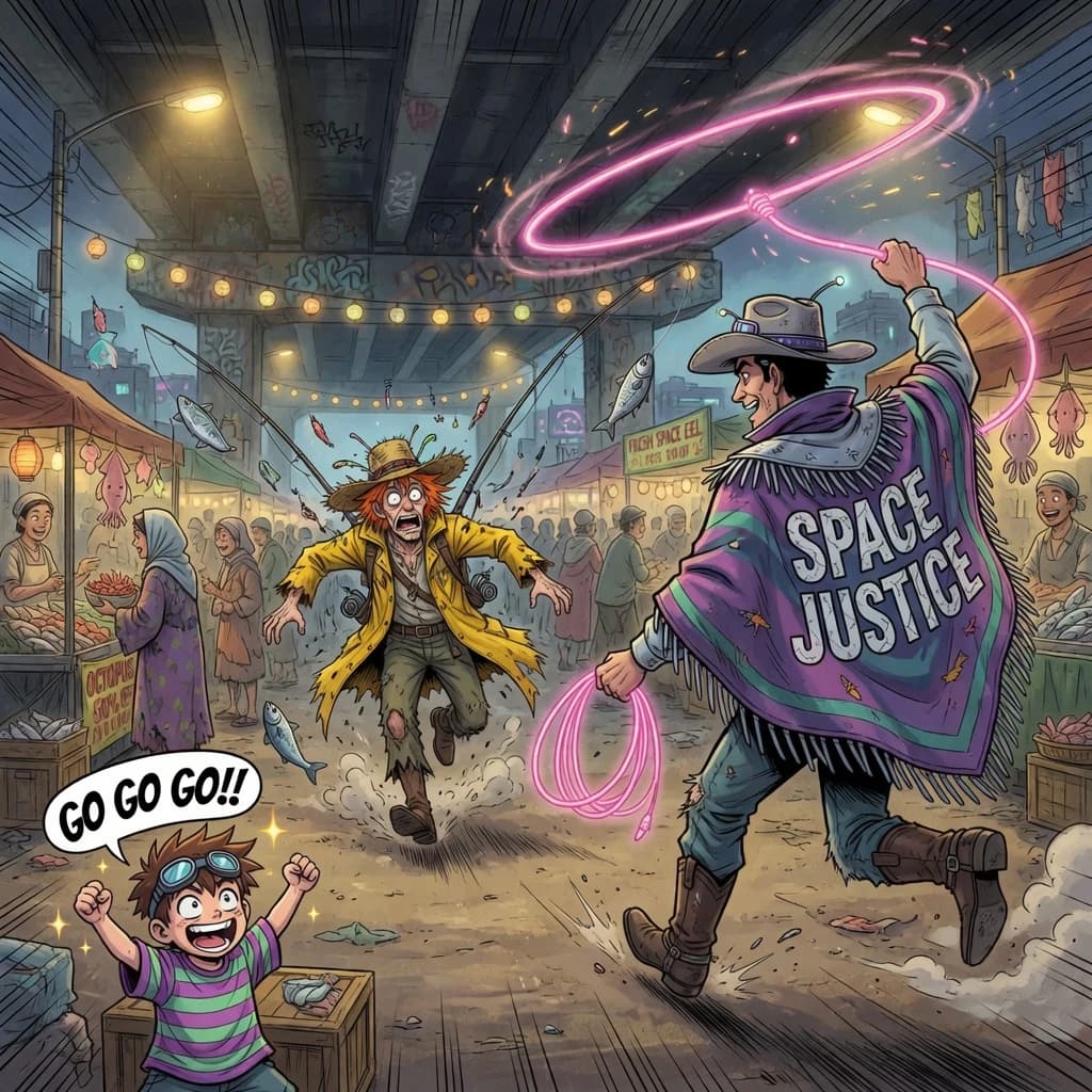 The space cowboy chases the deranged fisherman underneath the causeway, eager to collect on his bounty. Fishing rods and lines hang off the back off the fishermen as he darts between the bustling market crowd. We see the back of the space cowboy in his space poncho emblazoned with the words SPACE JUSTICE, spinning his lasso over his head. A child on the sidelines excitedly cheers the cowboy. 1990s hand drawn anime style with strong fluidity