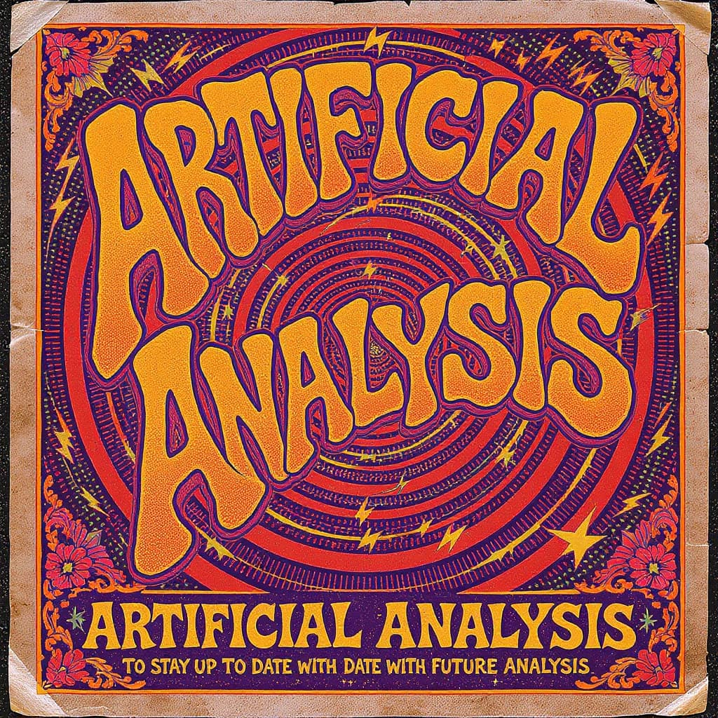 A portrait layout psychedelic concert poster from 1972 bathed in saturated oranges, deep purples, and acid greens. Swirling, hand-drawn typography arcs across the top, spelling out Artificial Analysis in bold, distorted letters that melt into spirals. Surrounded by radiating concentric circles and lightning-bolt motifs. The background is textured with halftone dots and faded paper creases, evoking a well-worn poster taped to a brick wall. Ornate floral borders frame the design, while the bottom features blocky retro lettering listing “Follow us on Twitter or LinkedIn to stay up to date with future analysis” in smaller text. 