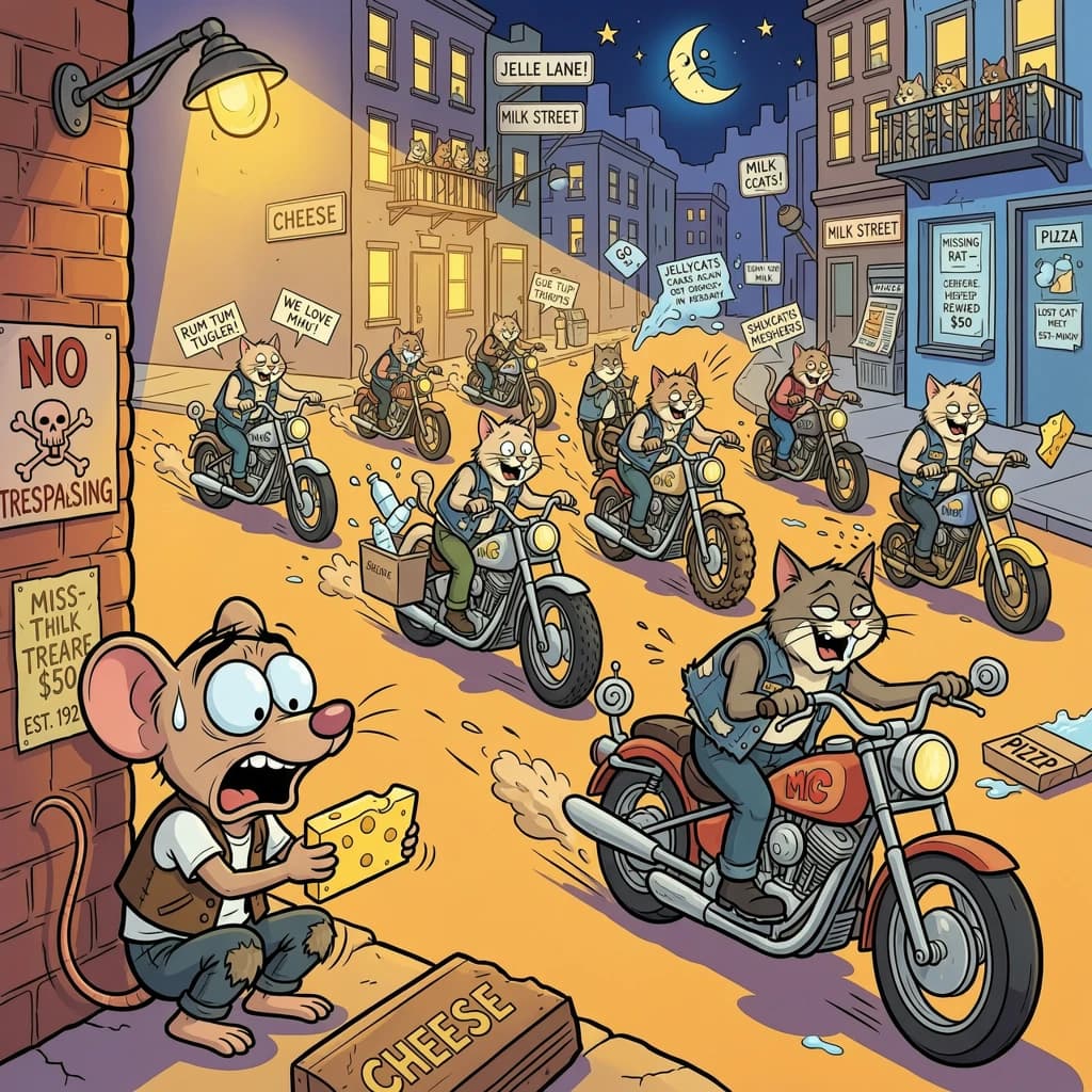 The cartoon rat clenches his thin wedge of cheese and trembles in fear as he hides from the menacing Jellicles, the roaming cat motorcycle gang, all wearing their colors with the name on the back. The cats have all drunk far too much milk and are causing a big ruckus! One cat is close to finding the rat