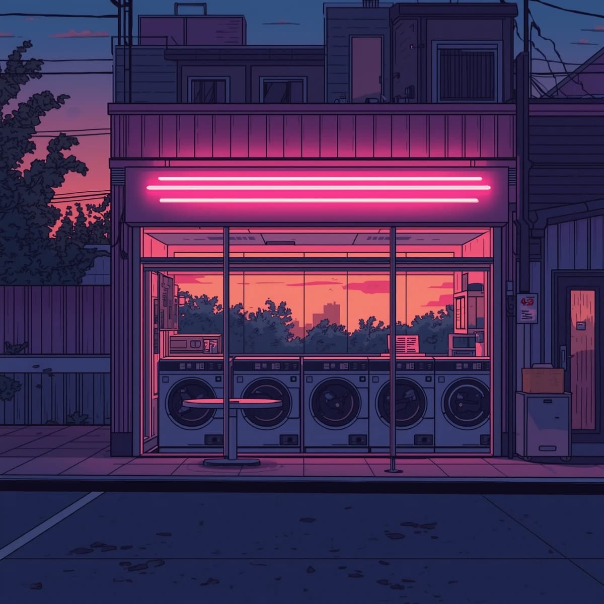 A cozy laundromat at dusk, neon humming, flat colors, bold inked lines.