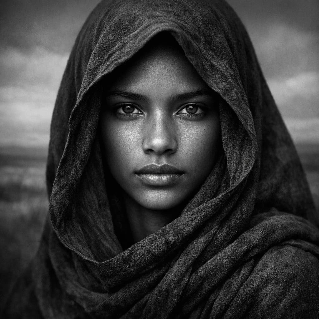 A dramatic black-and-white portrait of a young person draped in a hooded garment, their face framed by the hood's dark folds. Their skin tone and the subtle sheen on their cheeks create striking tonal contrast against the deep shadows. Their eyes are piercing, looking directly into the lens with a calm, steady intensity—neither confrontational nor submissive, but deeply present. The texture of the fabric is visible: it's dense, slightly weathered, and whisper-thin creases catch the light. In the background, an expansive, out-of-focus landscape suggests open space—perhaps distant plains or water—though the details remain soft and abstract. The overall mood is silent yet powerful, poised between vulnerability and resilience, with every highlight and shadow telling part of their story.