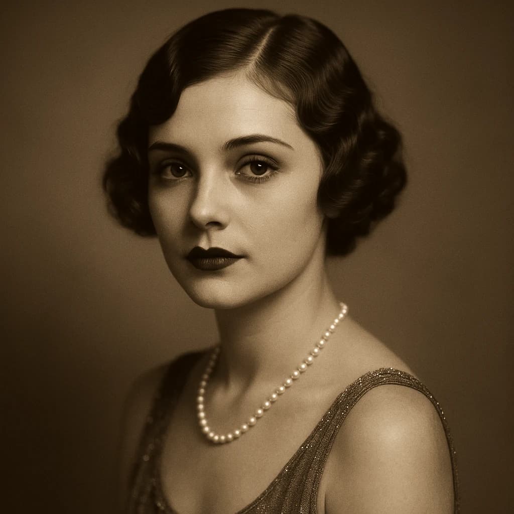 Sepia-toned studio portrait of a flapper with pearl necklace, soft grain.