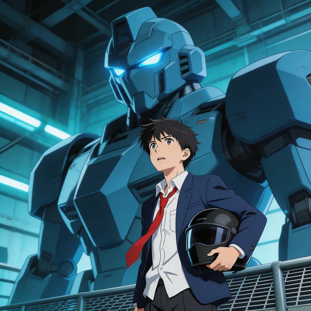 A teenage pilot grips his helmet under one arm, standing at the edge of a glowing hangar bay. Before him looms a sleek, steel-blue mech, its eyes lit with a cold electric glare. His school uniform is rumpled, a sharp contrast to the machine’s flawless plating. The vast scale engulfs him in shadow, emphasizing both awe and dread. Hand-drawn anime style.