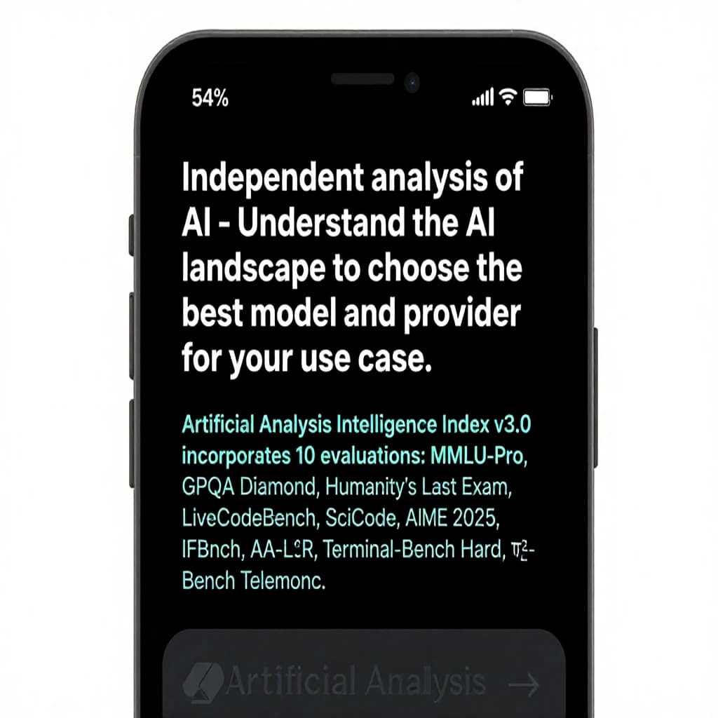 On a black smartphone UI with rounded corners, display a centered text block in white San Francisco font, 16pt: “Independent analysis of AI - Understand the AI landscape to choose the best model and provider for your use case.” Below, in neon cyan, monospace font, smaller size: “Artificial Analysis Intelligence Index v3.0 incorporates 10 evaluations: MMLU-Pro, GPQA Diamond, Humanity's Last Exam, LiveCodeBench, SciCode, AIME 2025, IFBench, AA-LCR, Terminal-Bench Hard, 𝜏²-Bench Telecom.” The second block scrolls horizontally as a ticker. The battery icon in the status bar shows 54%. The Artificial Analysis logo appears faintly, embossed into the bottom navigation bar.