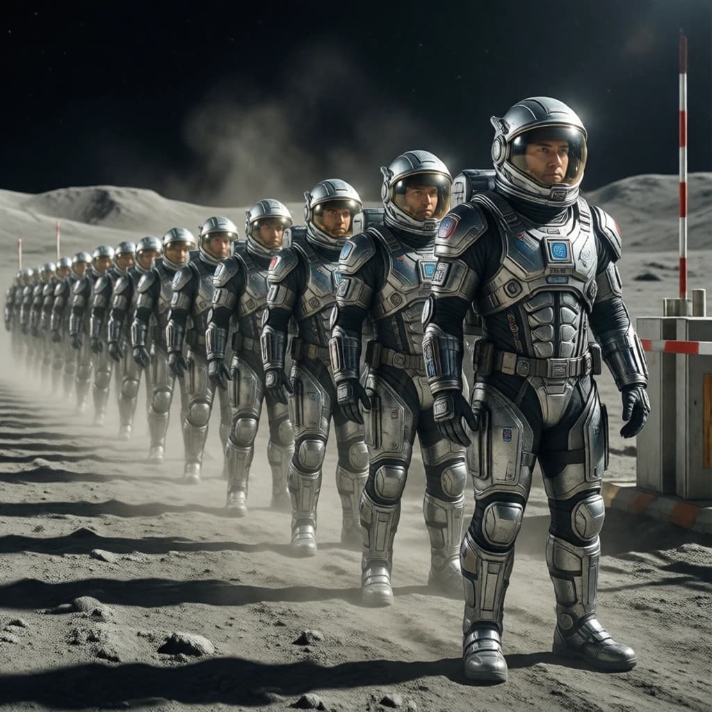 Silver exosuits queue at a dusty lunar checkpoint.