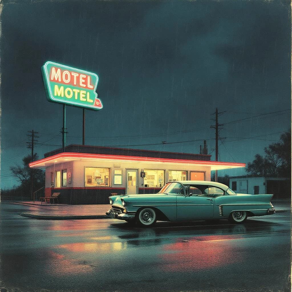Show an old roadside motel under neon at midnight, rain on asphalt, a teal classic coupe parked; a bit of film grain, slightly faded pastels, halftone print, paper texture.