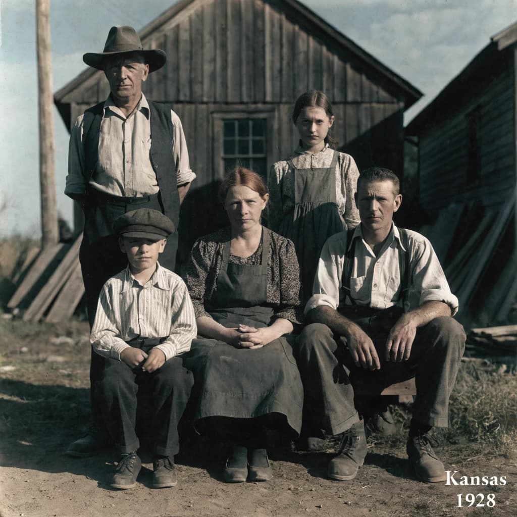 Everybody holds still and nobody smiles for the family portrait. It's 1928 in Kansas