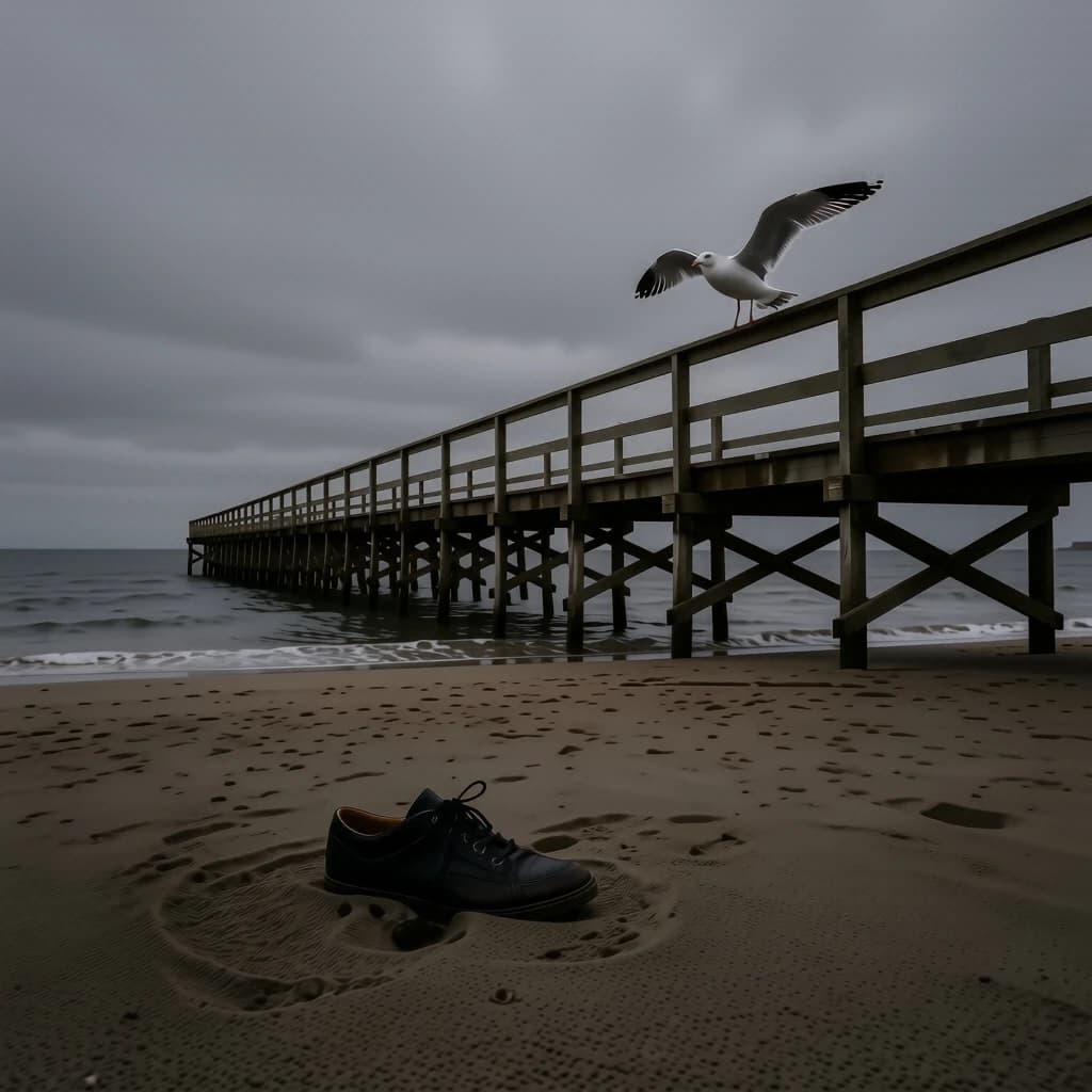 The beach is flat, sand beige, granular, no shells, except for a single left shoe, black leather, size eleven, half buried at an angle. The pier extends straight into the water, wood untreated, grain visible, though the support posts vanish before they touch the surface. The sky is uniformly gray, no clouds, yet shadows stretch at sharp diagonals. A single gull sits on the railing, wings outstretched, frozen mid-flap, no movement.