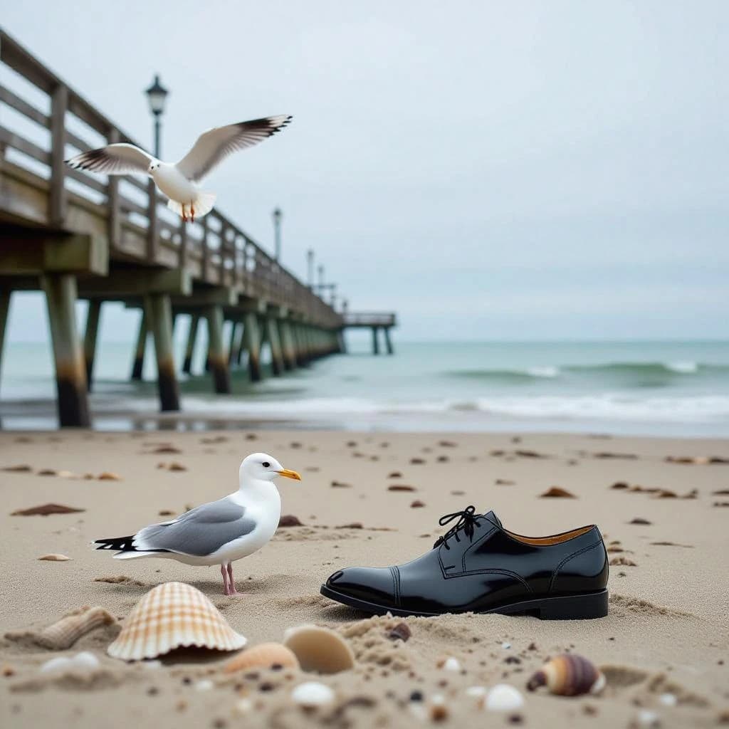 The beach is flat, sand beige, granular, no shells, except for a single left shoe, black leather, size eleven, half buried at an angle. The pier extends straight into the water, wood untreated, grain visible, though the support posts vanish before they touch the surface. The sky is uniformly gray, no clouds, yet shadows stretch at sharp diagonals. A single gull sits on the railing, wings outstretched, frozen mid-flap, no movement.