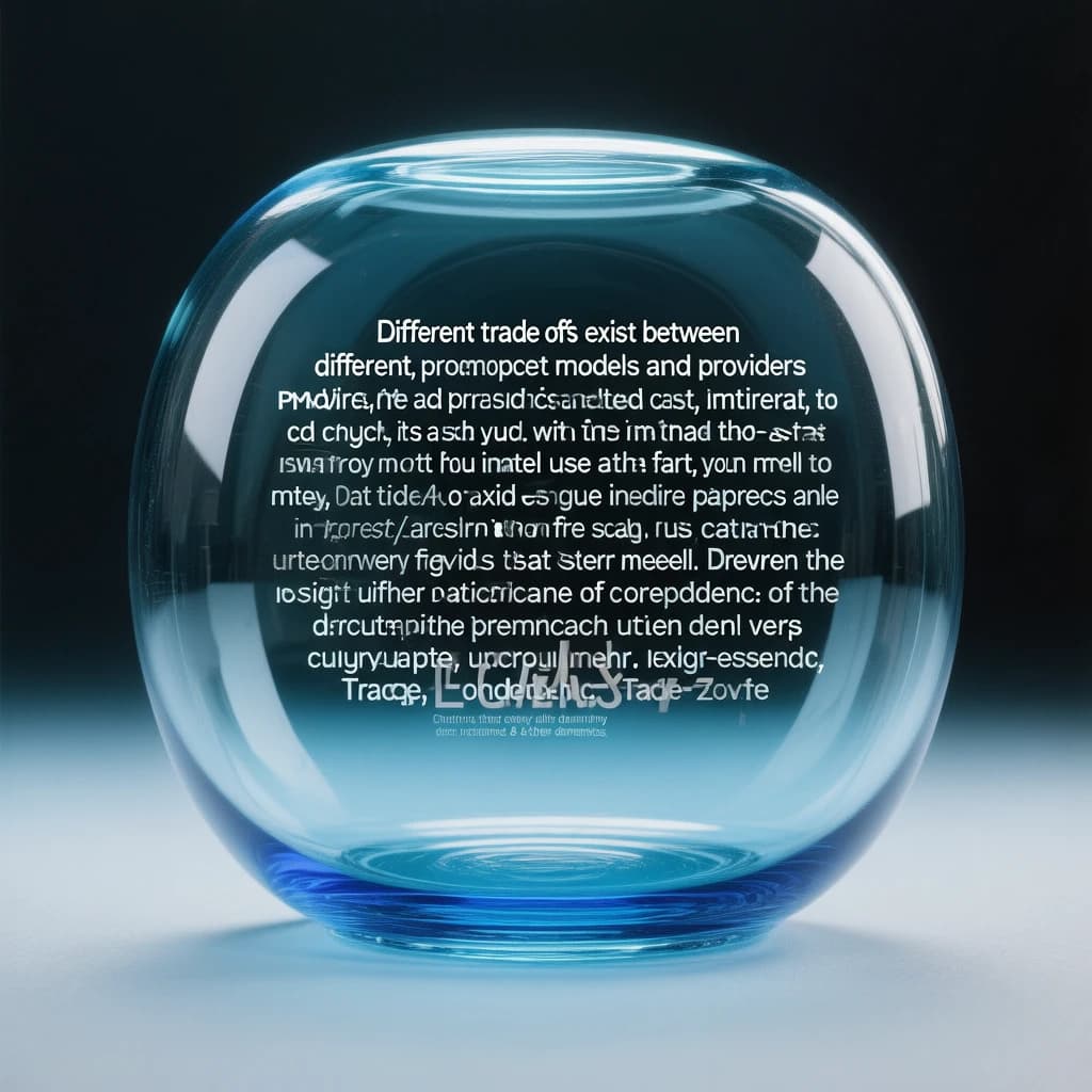 In a clear transparent blue glassy rounded box, etch "Different trade offs exist between different models and providers and as such, it is important to start with how you intend to use the model as the first step. Trade-offs exist currently between model quality, price, output speed, latency, context window & other dimensions. " in sans serif medium weight text. Artificial Analysis is watermarked over the top right 