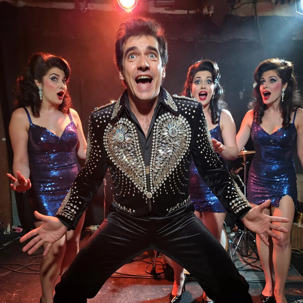 An archival image from 1953 of the rock singer swinging his hips on the stage while glamorous back up singers feign shock at his gyrations! He wears a diamond encrusted jacket with the stones arranged in the shape of a heart