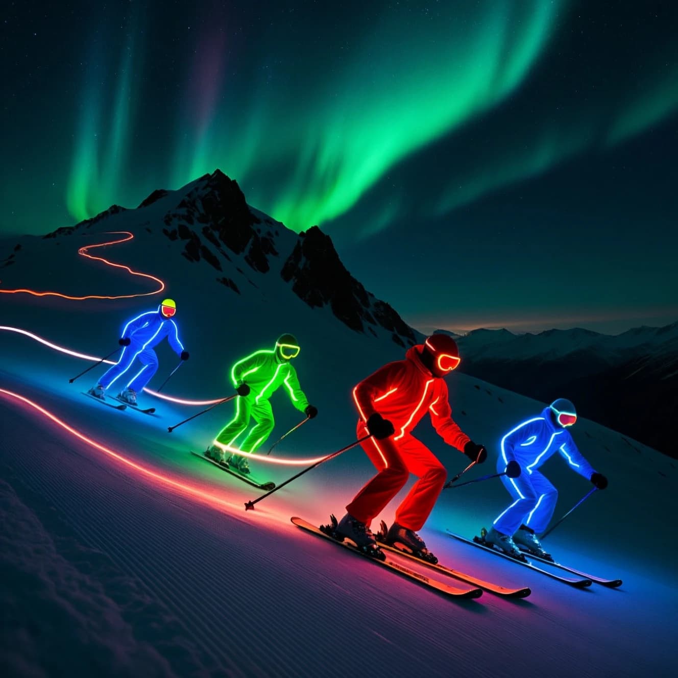 Coronet Peak Night Skiing: Skiers in colorful LED suits carve their way down the slopes of New Zealand's Coronet Peak under the Aurora Borealis, the skiers' light trails visible behind them