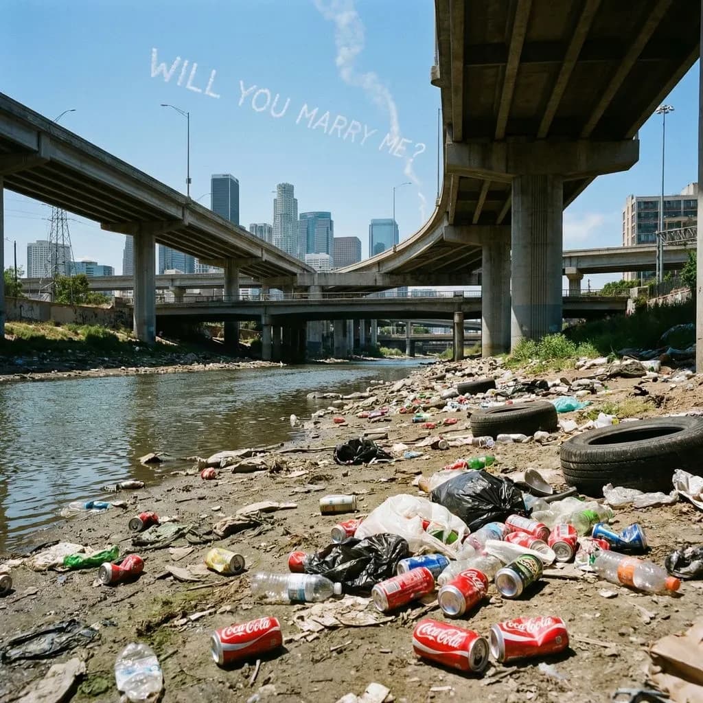 Red soda cans and other garbage sit strewn across the bank of an urban river only a few metres wide. Concrete overpasses criss cross overhead on a bright and sunny day. Fading skywriting proposes marriage