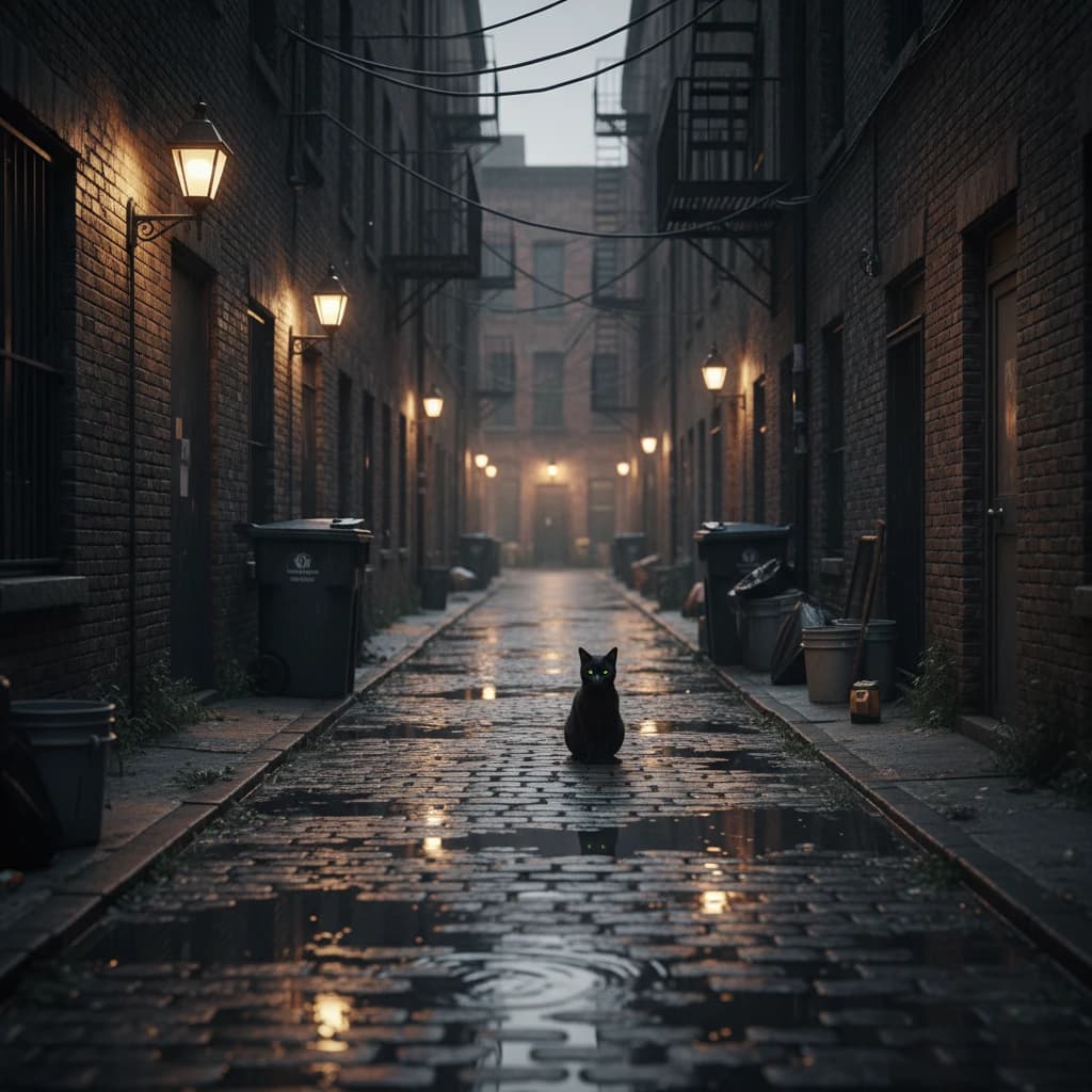 Show a narrow brick alley with wet cobblestones.
