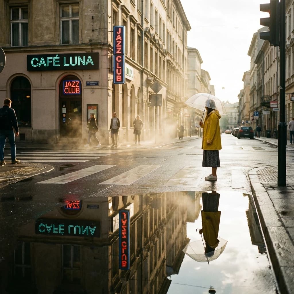 A sunlit city street after rain; puddles mirror neon signs as a woman in a yellow raincoat waits at a crosswalk, soft mist, 50mm look, natural tones, a bit of film grain.