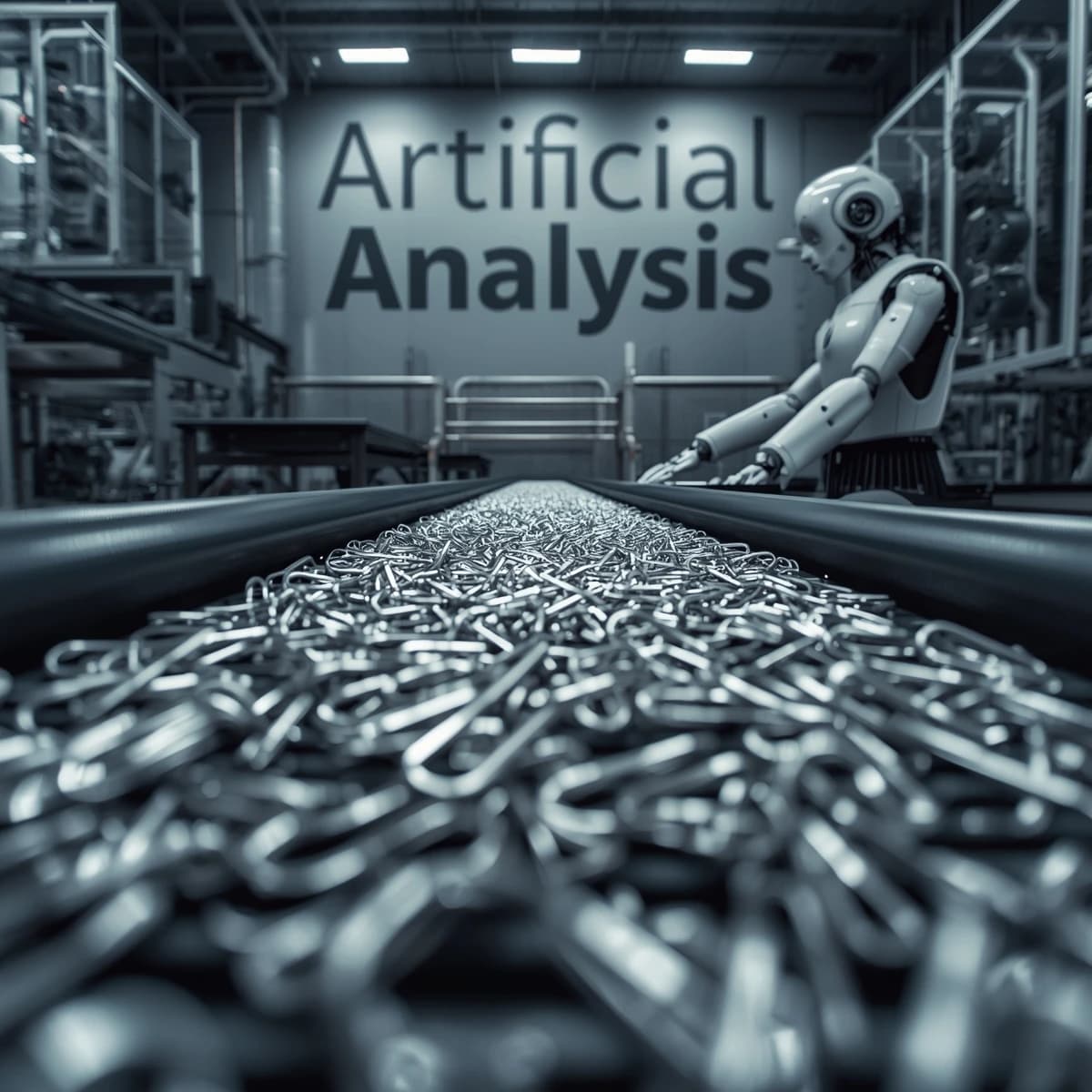 Close up point of view perspective on a conveyor belt pumping out paperclips at a maddening pace. The high tech factory has Artificial Analysis printed proudly on the wall. Robot staff look approvingly over the robust output.