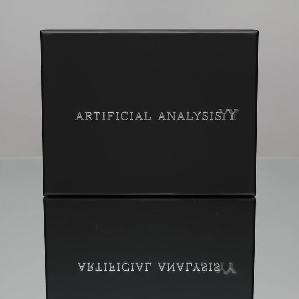 On the black box, silver foil embossing, centered: "Artificial Analysis" in Comic Sans Small Caps, perfectly justified. The letters are crisp, but the “Y” is duplicated faintly, ghosting right. On the box’s reflection, the word order is inverted: ARTIFICIAL ANALYSIS.