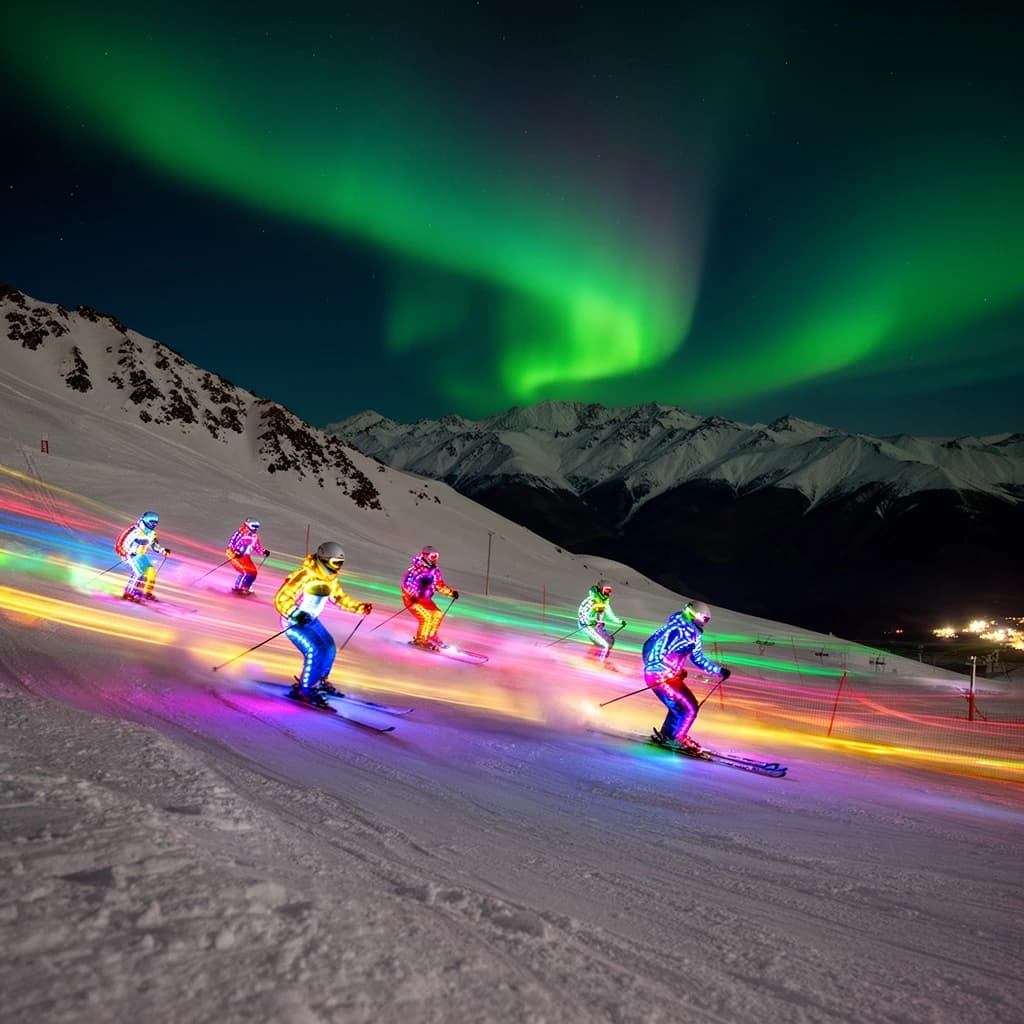 Coronet Peak Night Skiing: Skiers in colorful LED suits carve their way down the slopes of New Zealand's Coronet Peak under the Aurora Borealis, the skiers' light trails visible behind them