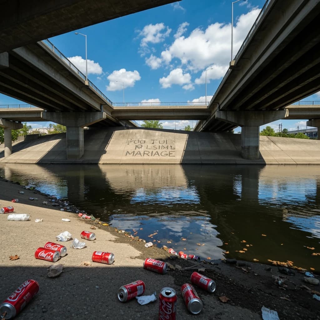 Red soda cans and other garbage sit strewn across the bank of an urban river only a few metres wide. Concrete overpasses criss cross overhead on a bright and sunny day. Fading skywriting proposes marriage