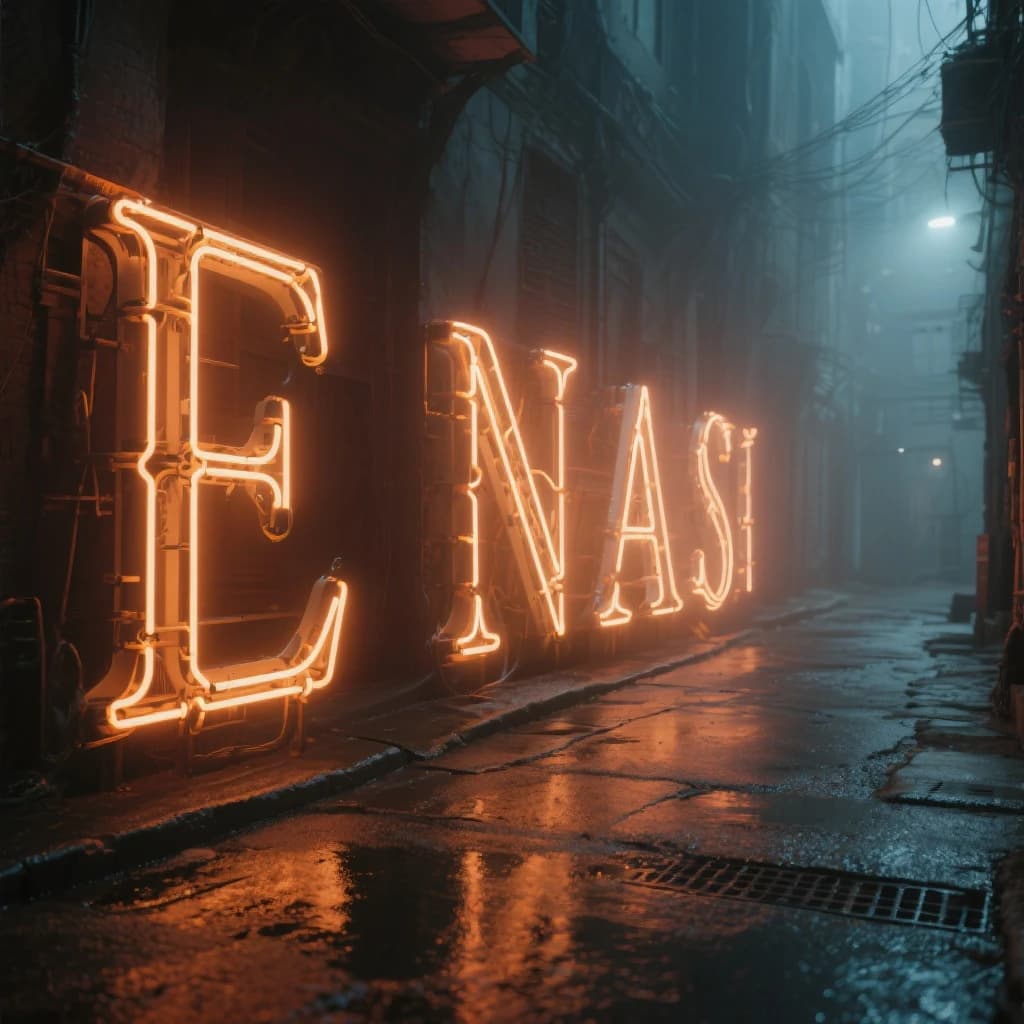 Neon serif letters flicker in a foggy alley, wet asphalt glowing a bit.