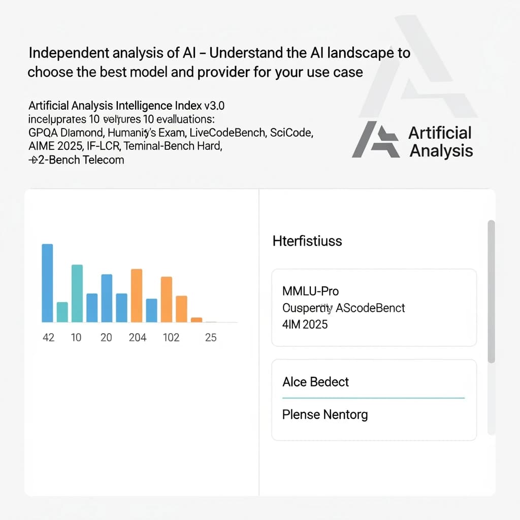 On a white dashboard with thin gray dividers, place a centered header in Helvetica Neue Bold, 20pt: “Independent analysis of AI - Understand the AI landscape to choose the best model and provider for your use case.” Directly beneath, a subheader in smaller Regular weight, 14pt: “Artificial Analysis Intelligence Index v3.0 incorporates 10 evaluations: MMLU-Pro, GPQA Diamond, Humanity's Last Exam, LiveCodeBench, SciCode, AIME 2025, IFBench, AA-LCR, Terminal-Bench Hard, 𝜏²-Bench Telecom.” The header is fully justified but the subheader is left-aligned. In the upper right corner, the Artificial Analysis logo appears watermarked, diagonal, faint gray, partially overlapping the scrollbar.